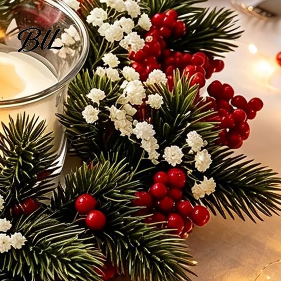 Мини-венок для свечей Рождественский кольцо-венок для свечи, Искусственная сосна с красными ягодами, Сельские праздничные украшения стола, Белые цветы, Центральный элемент