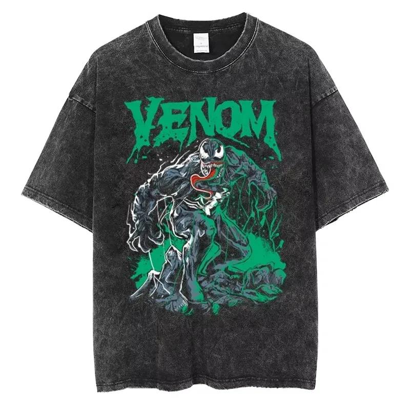 Винтажная графическая футболка Venom для мужчин Ретро Зеленый принт Венома Стирка Черный Оверсайз Футболка 2026 Фильм Уличная одежда Хип-хоп Хлопковые Топы