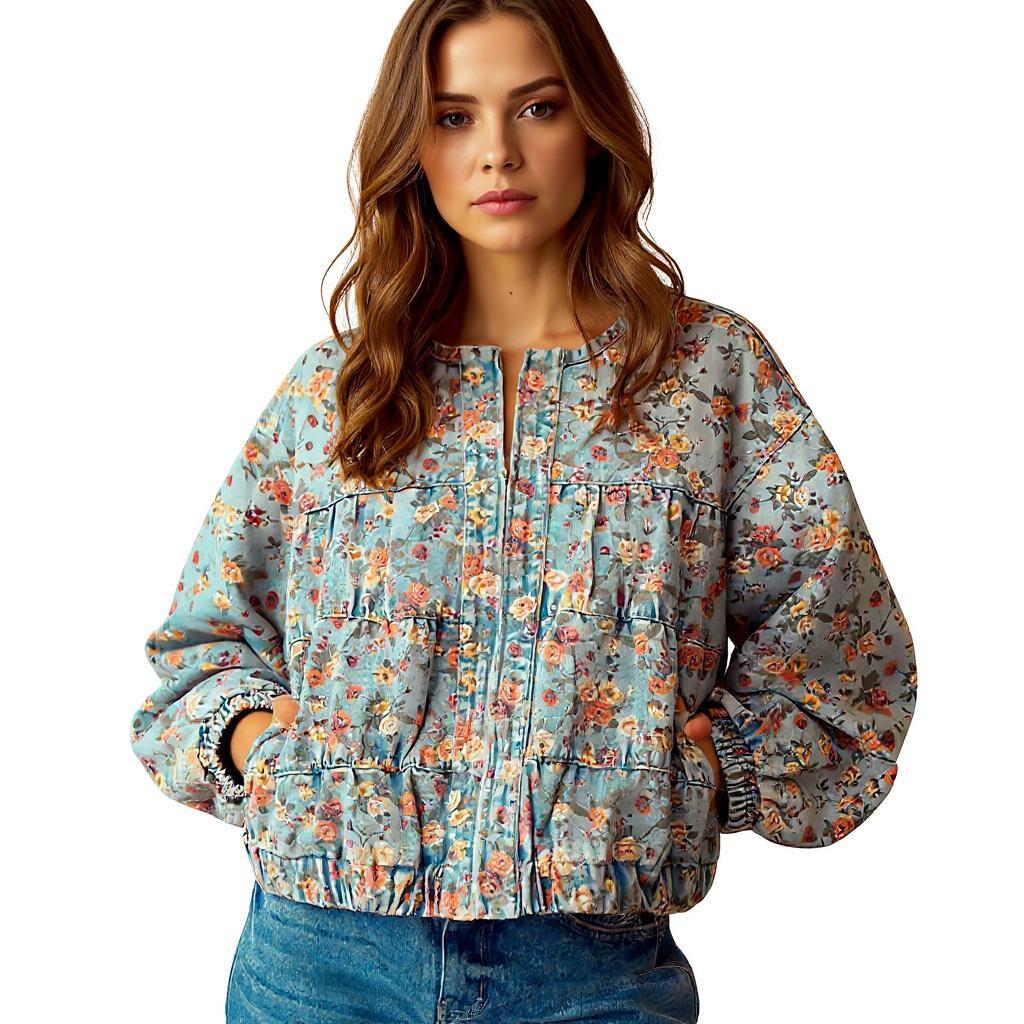 Printed Denim Jacket Loose Long Sleeved Retro Floral Batfly Sleeve Washed Denim Jacket For Women