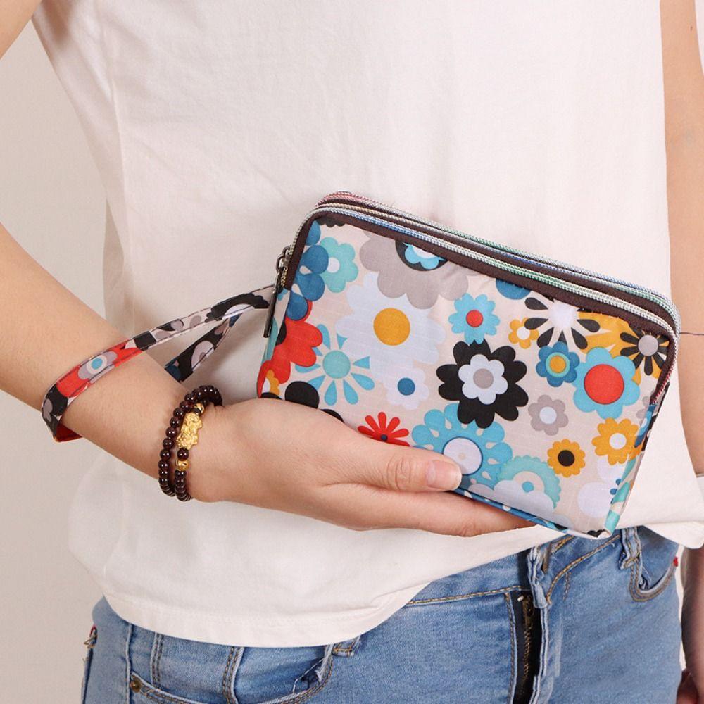Waterproof Canvas Wallet Print Three Zippers Bags Simple Flower Coin Purse Ladies