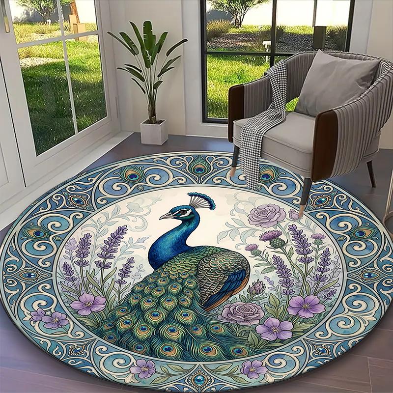 1pc Regal Peacock Mystic Aura Printed Chair Rug for Home Office Use, Living Room Kitchen Game Room Round Carpet