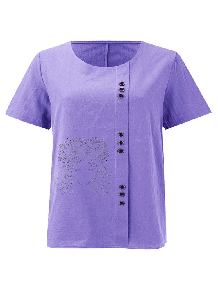 Women's Fashion Black Line Lady Print Casual Cotton Linen Short Sleeve Round Neck T-shirt Shirt Leisure Loose Summer Blouse Tops