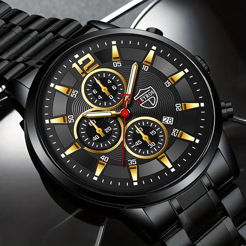 2pcs/set Fashion Men's Calendar Watch, Men's Business Stainless Steel Quartz Watch & Bracelet Necklace Set