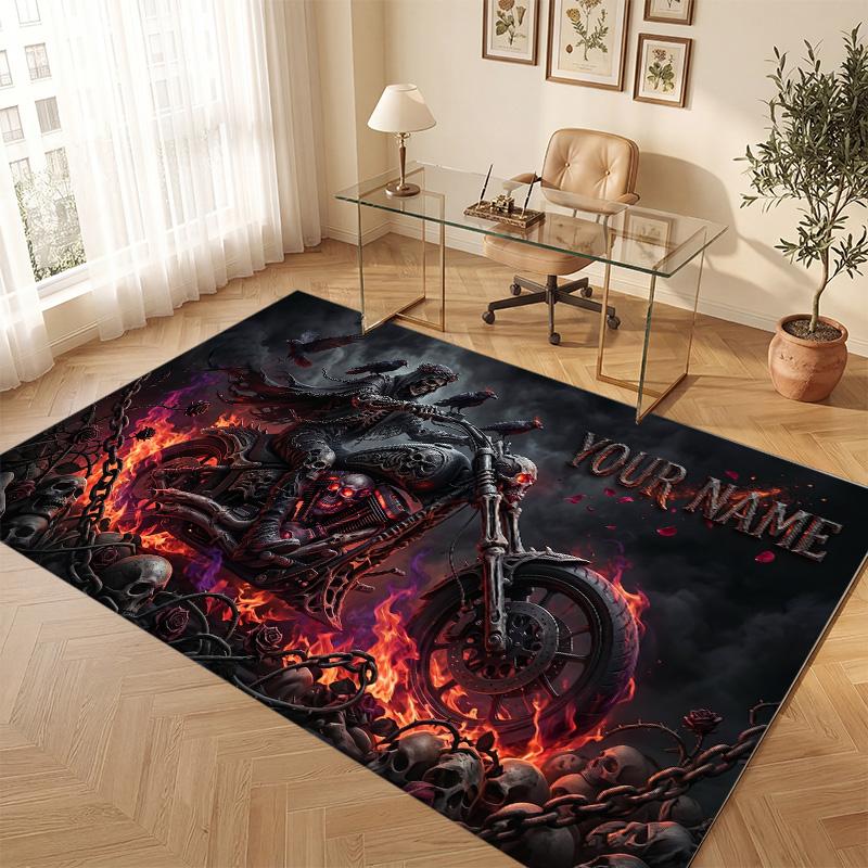 Motorcycle Biker Theme Soft Crystal Velvet Rug Custom Name & Text Print Non Slip Floor Rug for Bedroom Living Room