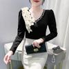 Autumn and Winter Fashion Foreign Style Splicing V-neck Beads Long-sleeved T-shirt Women's Slim and Thin Bottoming Shirt Top