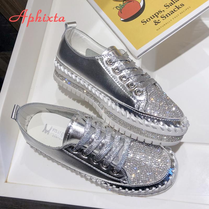 Fashion Aphixta Loafers Shoes Women Luxury Silver Crystal Lace-up Platform Shoes Woman Sequined Cloth Bling Crysta Black Flat Heels Shoe