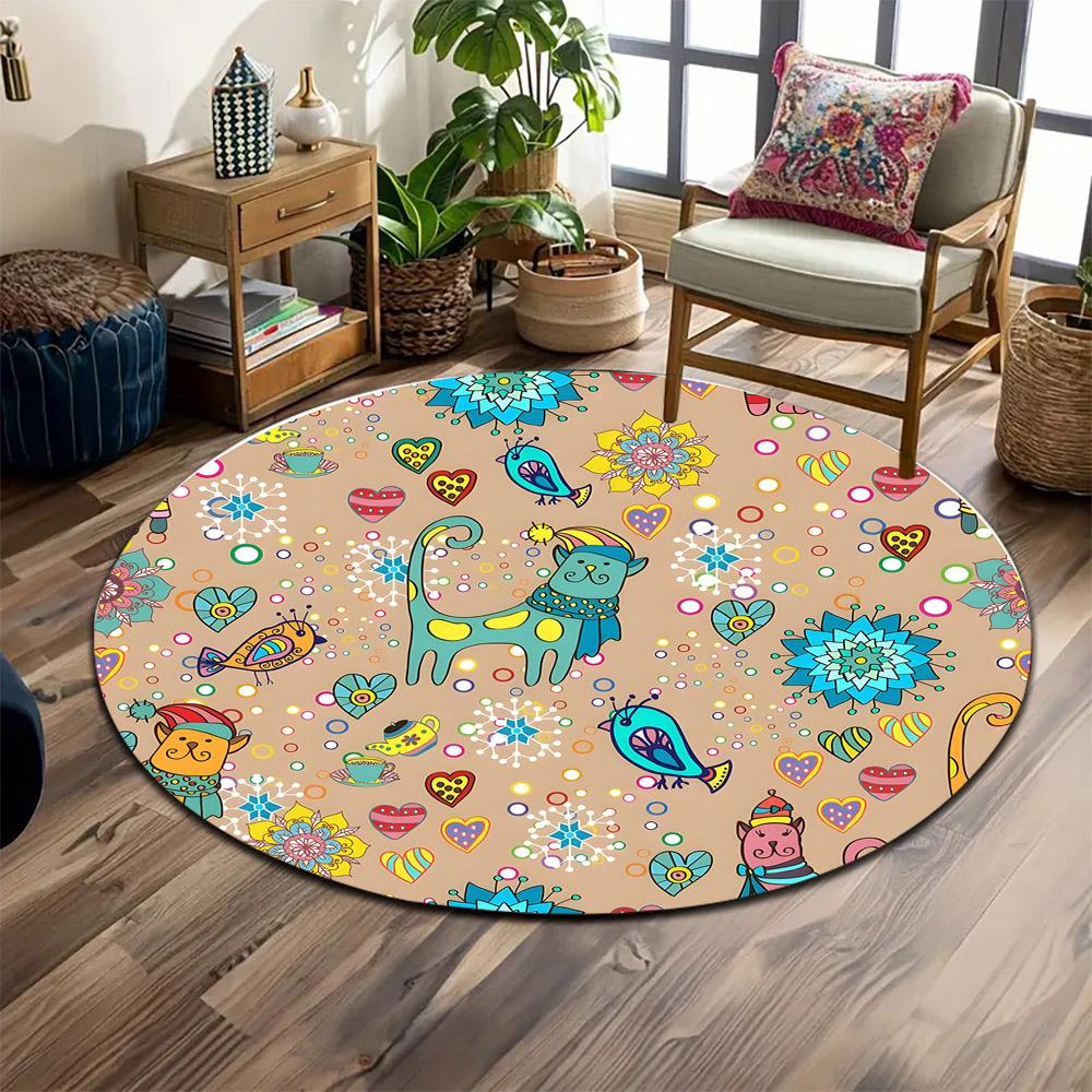 Colorful Cartoon Cats and Flowers Design Print round rug, living room, bedroom, playroom carpet, non slip floor mat, gift