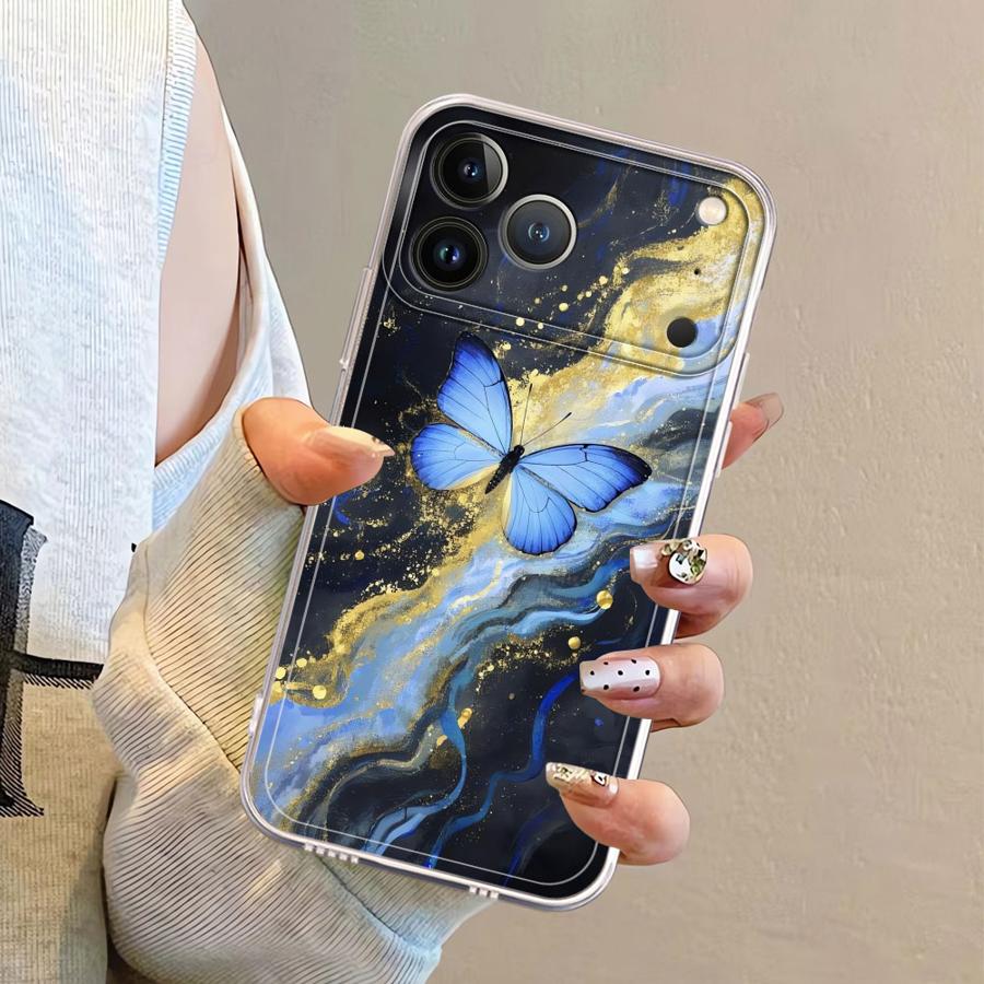 Case for iPhone 17 Pro Max 13 Pro 11 17e 16 12 Mini XS Max 15 14 Plus Air XR Soft Phone Cover Marble Butterfly