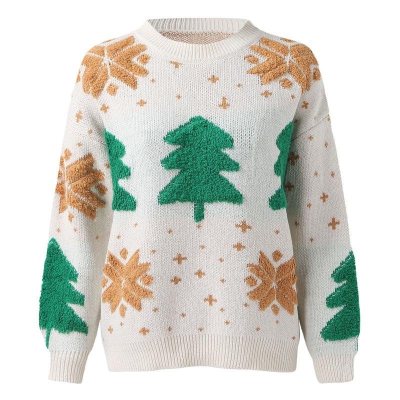 Women Loose Crew Neck Pullover Sweater With Snowflake Christmas Tree Pattern