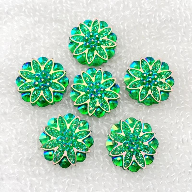 20pcs 18mm Round Flower AB Resin Crystal Strass Applique and 2 Holes Buttons for Diy Clothing - HA27