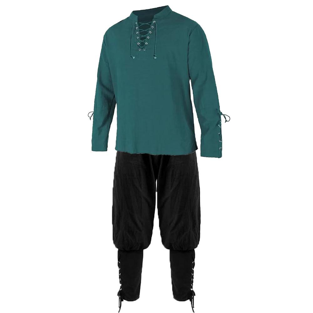 Men's Renaissance Sets Pirate Shirts and Pants Men Costume Cotton Linen V-neck Drawstring Party Dress Two Pieces