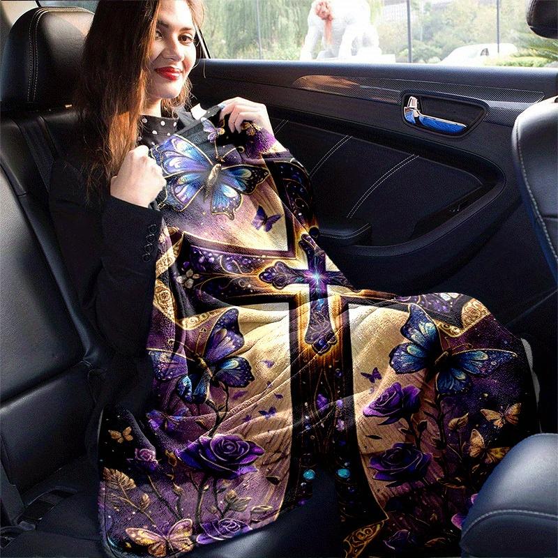 1pc Purple Butterfly Rose Cross Printing Lightweight Flannel Blanket, Comfortable and Warm Blanket, Camping Sofa Bed and Couch Office, Gift