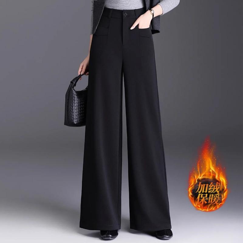 Женские черные брюки с высокой талией и широкими штанинами, на флисовой подкладке, теплые, повседневные