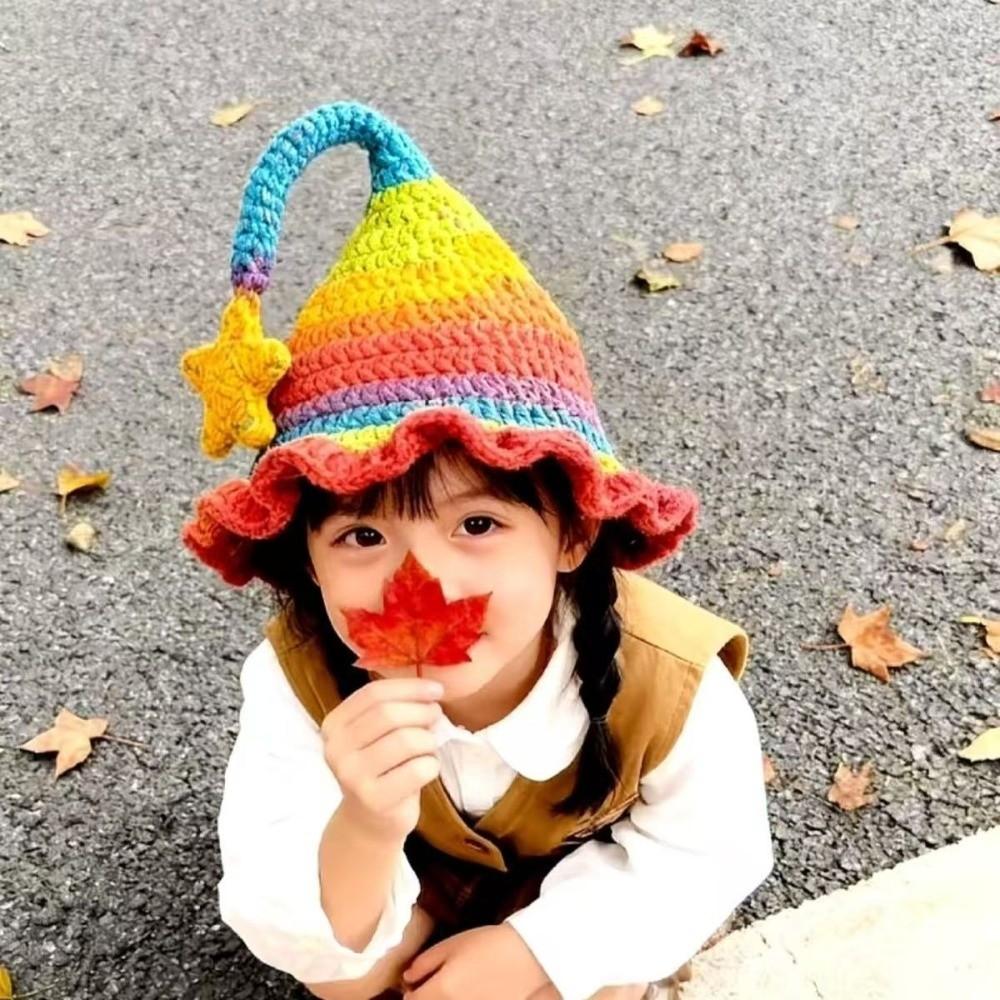 Hand-Crocheted Knitted Elf Hat Star Design Wizard Hat Cute Fairy Hat for Adult and Children