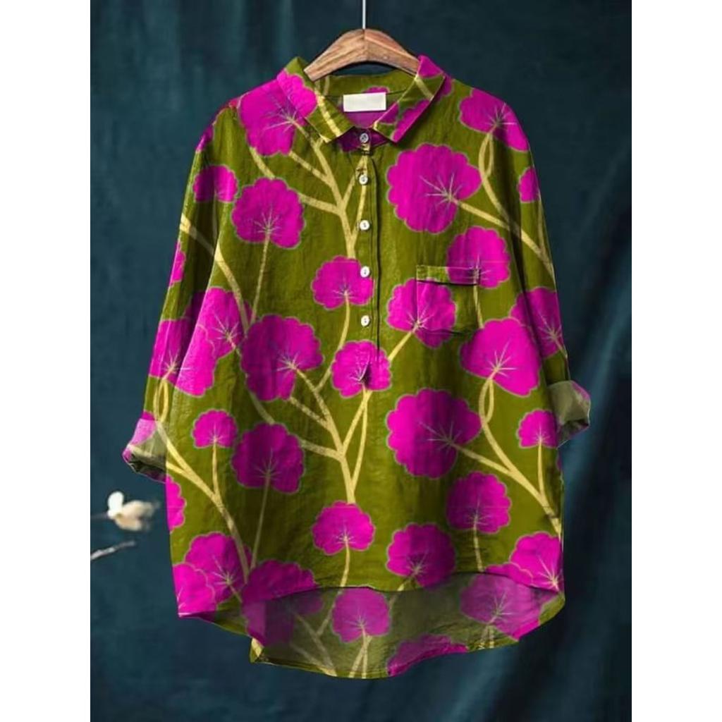 Женская повседневная свободная рубашка на пуговицах с цветочным принтом - Узор 'Косяк рыб'