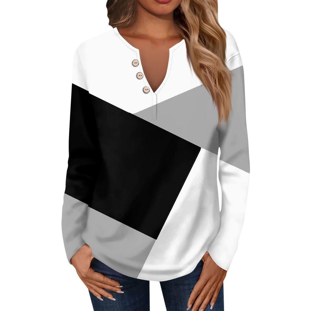 Женская модная повседневная футболка с V-образным вырезом и длинным рукавом, с принтом, с декоративными пуговицами