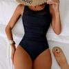 High-End Mesh Patchwork Solid Color One-Piece Swimsuit