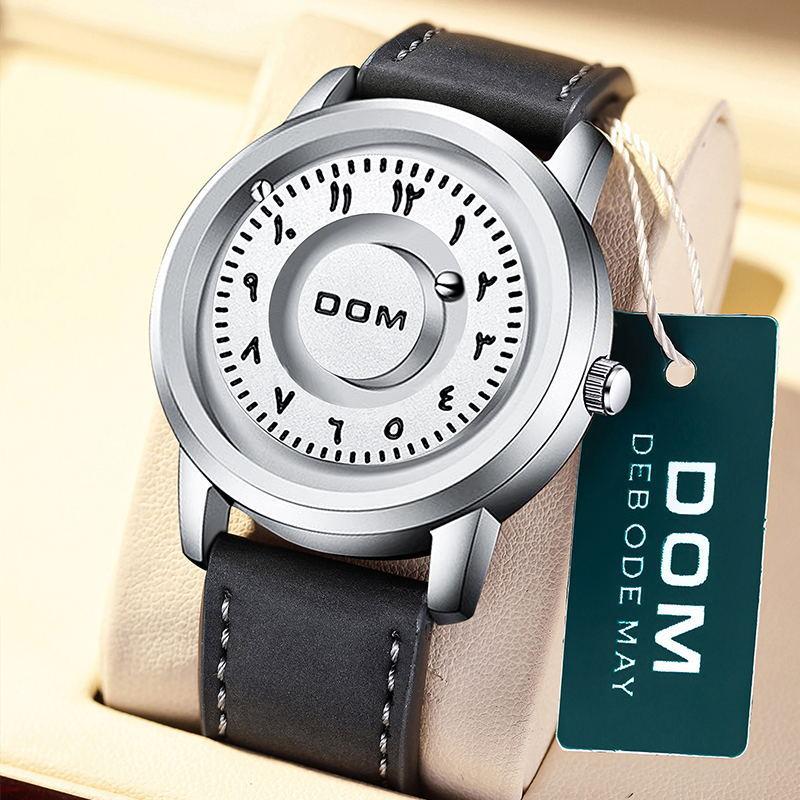 Dom 1769 Pointer Rotating Men Watch Fashion Waterproof Original Rolling Black Stainless Steel / Genuine Leather Strap Male Clock