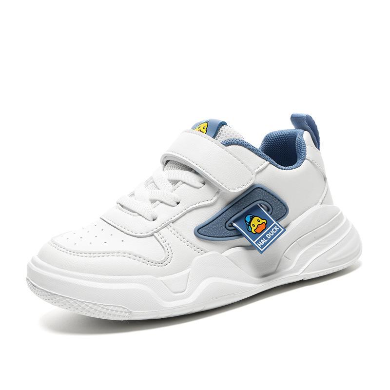Little Yellow Duck Kids' White Leather Waterproof Sneakers - Unisex, Trendy, and Ideal for School and Performance.