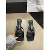 French Temperament Niche Open-toed Square Head Cool Slippers Women's Summer Wear One-word Thin Strap High Heels Thick Heel