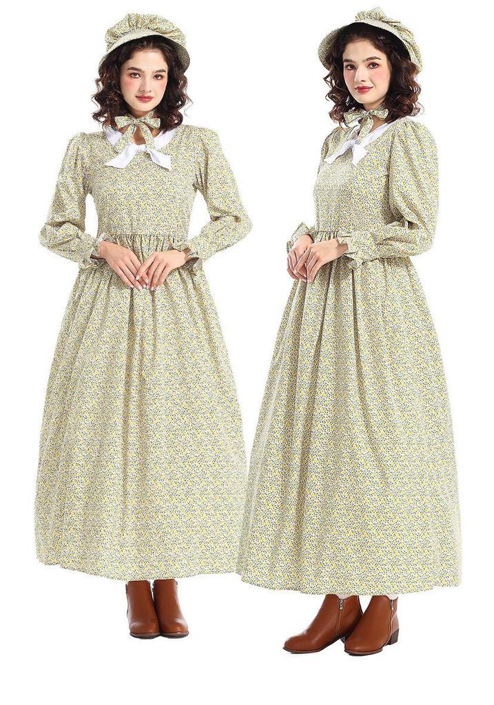 Prairie Colony Yellow Floral Pioneer Costume Dress with Apron for Halloween