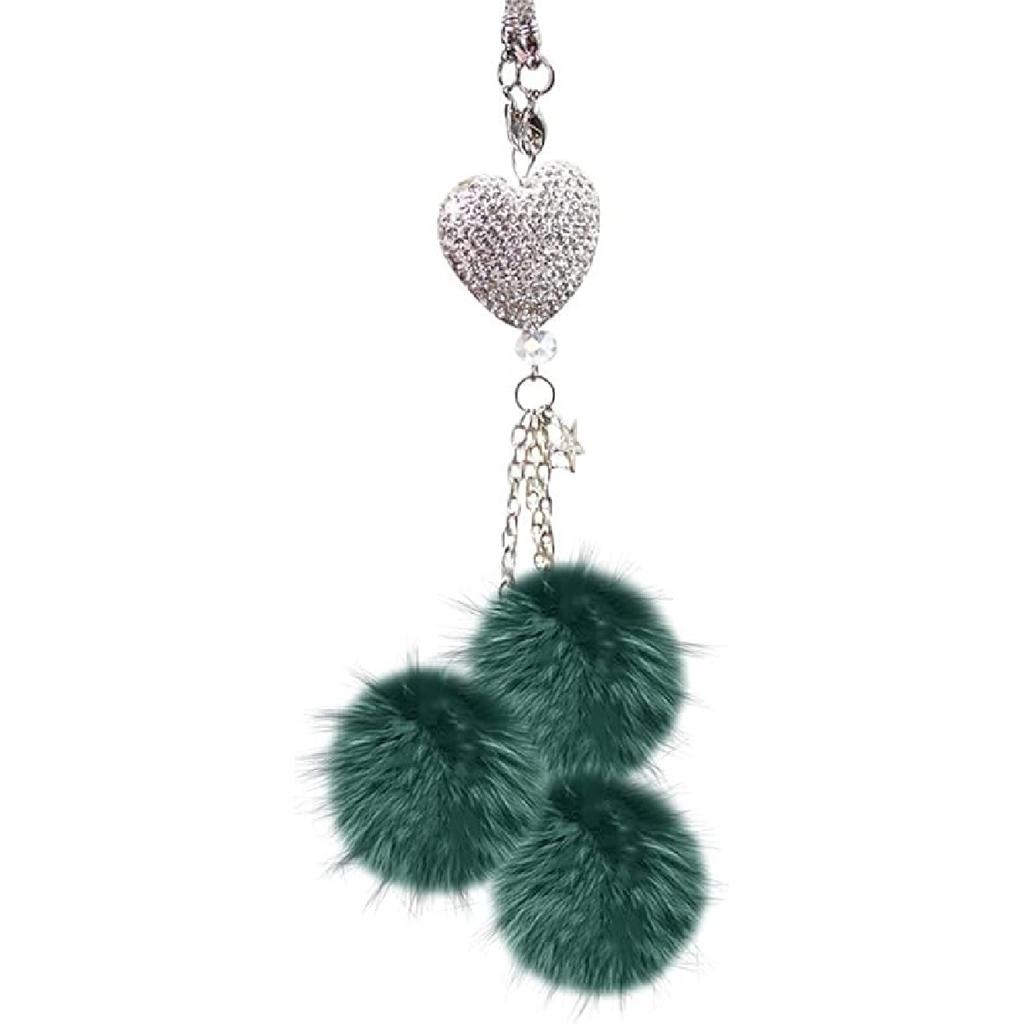 Bling Heart Rhinestones Diamond Car Accessories, Cute Love Heart Plush Ball Car Mirror Hanging Accessories Lucky Rearview Mirror Charms Decorations