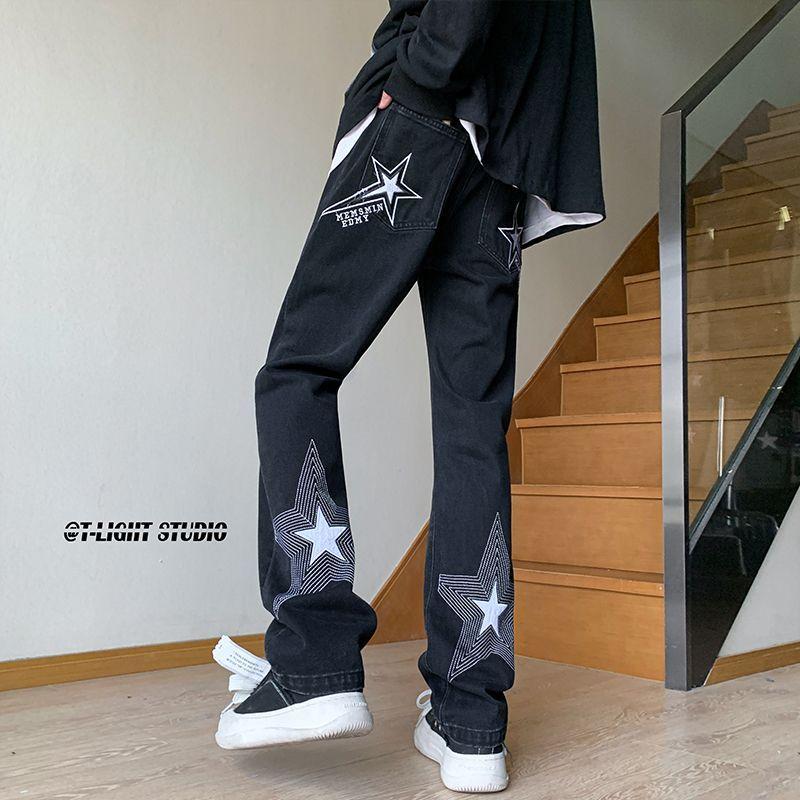 Брюки в американском стиле, уличные голубые джинсы со звездами и вышивкой, мужские брюки прямого кроя с дизайнерским смыслом