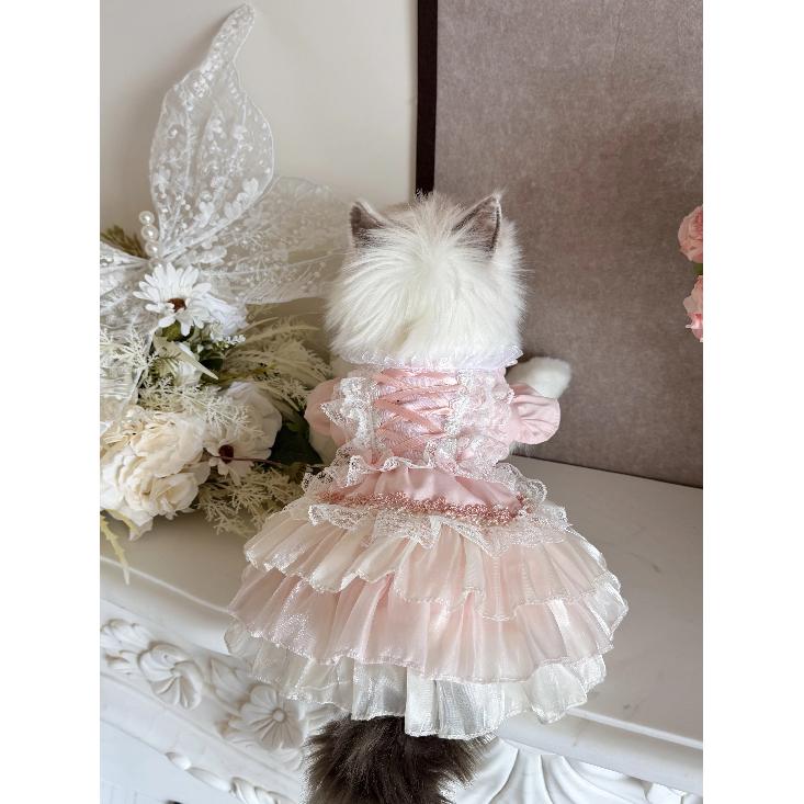 Korean Pink Lovely Pet Dog Clothes Simple Handmade Cotton Lace Party Princess Dresses for Small Medium Dog Poodle Puppy Overalls