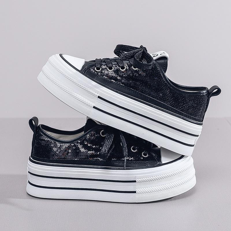 Новые женские туфли из парусины с блестками и толстой подошвой, весна/лето, студенческие вулканизированные туфли, повседневные кроссовки для бега
