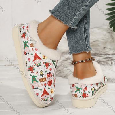 Comemore Большой размер Хлопковая обувь Зима Новые Утепленные Утолщенные Ботинки Слипоны Повседневная Плоская подошва Принт Круглый носок Женская обувь