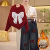 Winter 2025 Korean Style Girls' Christmas Red Sweater and Fleece-Lined Jeans Set