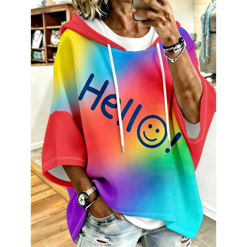 Plus size women's hooded top blue 'Hello' smiley face print loose shoulder sleeve hoodie