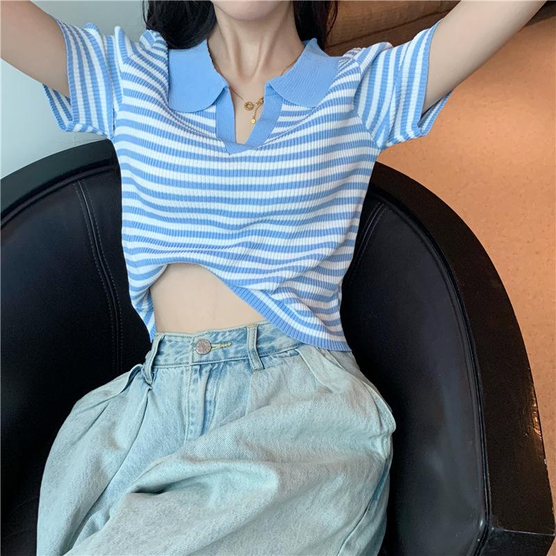 Летние женские трикотажные поло с короткими рукавами и высокой талией, тонкая футболка из ледяного шелка с воротником-поло, полосатые футболки черного, синего цвета