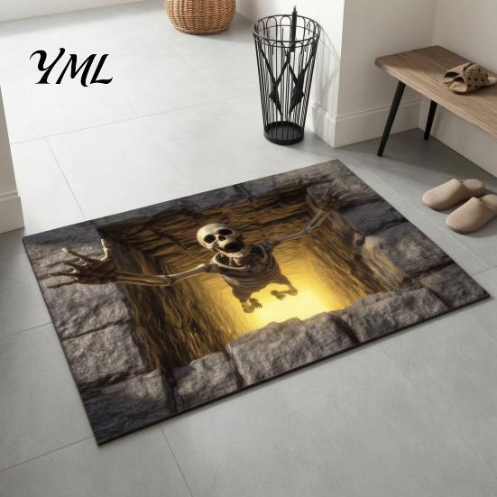 Gothic Home Accessories 3D Halloween Rug, Optical Illusion Skeleton Realistic Depth Pattern, Indoor Outdoor Rug Spooky Pumpkin Non-slip Door
