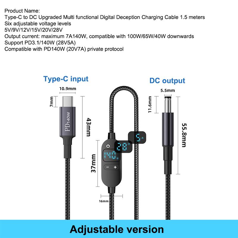 New USB C To DC Power Boost Cable Adjustable Voltage Adapter Connector Cord For Laptop Router PD140W /5V/9V/12V/15V/20V/28V
