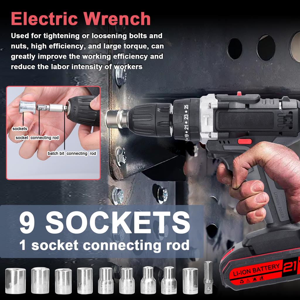 Household 3in1 Multifuctional Electric Drill Handheld Lithium Screwdriver 21V Impact Drill Brushed