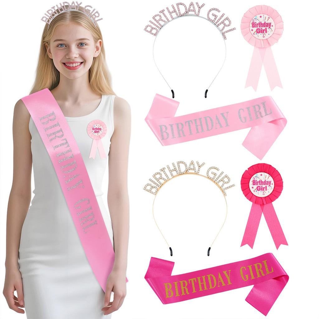 3Pcs Birthday Girl Accessories Set With Glittering Sash Rhinestones Headband Decorative Pin For Birthday Decoration