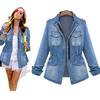 Women  Casual Zipper  Stand Collar Long Sleeve  Slim Washed Denim Jackets Coat Cardigan Spliced Distressed Outerwear