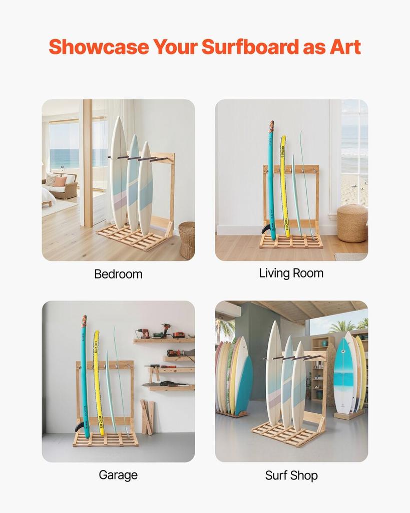 Vertical Surfboard Stand, 4 Tiers Wooden Surfboard Rack for Storage and Display, Freestanding Board Stand Organizer, Surf Board Holder for Wakeboards,