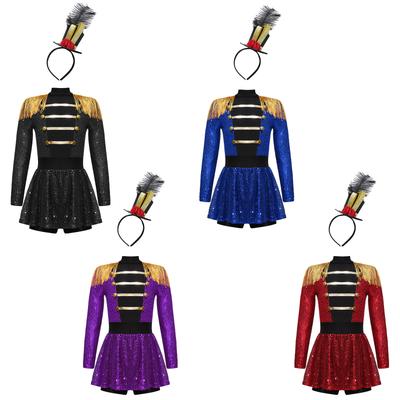 Комплект циркового костюма дрессировщика для девочек, боди с пайетками, с длинным рукавом, с воротником-стойкой, с кисточками на плечах, на молнии сзади, со шляпой