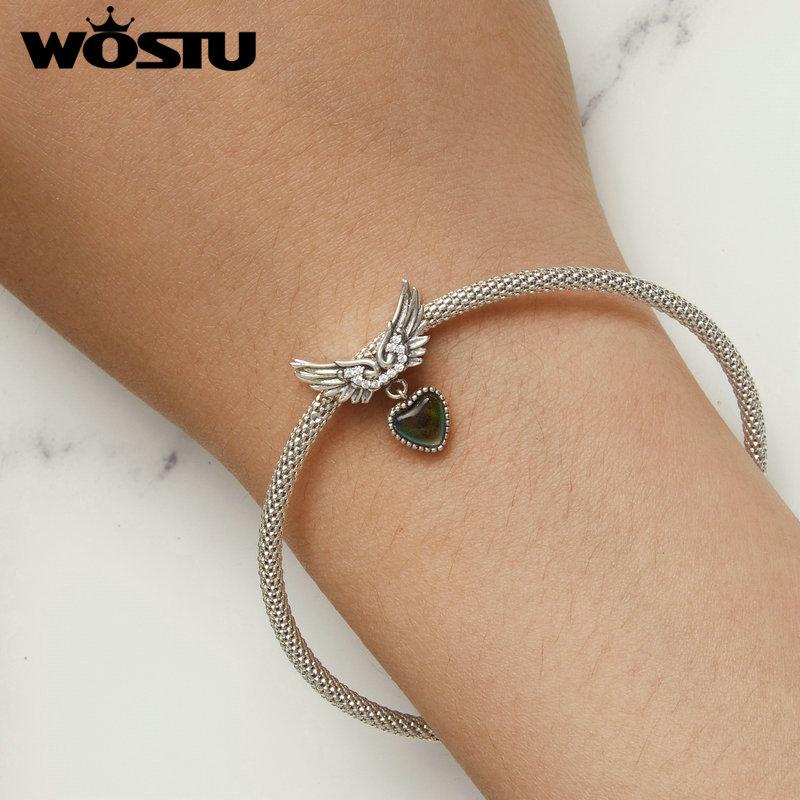 WOSTU 925 Sterling Silver Wing Guardian Emotion Stone Charm Beads for Bracelet DIY Jewelry