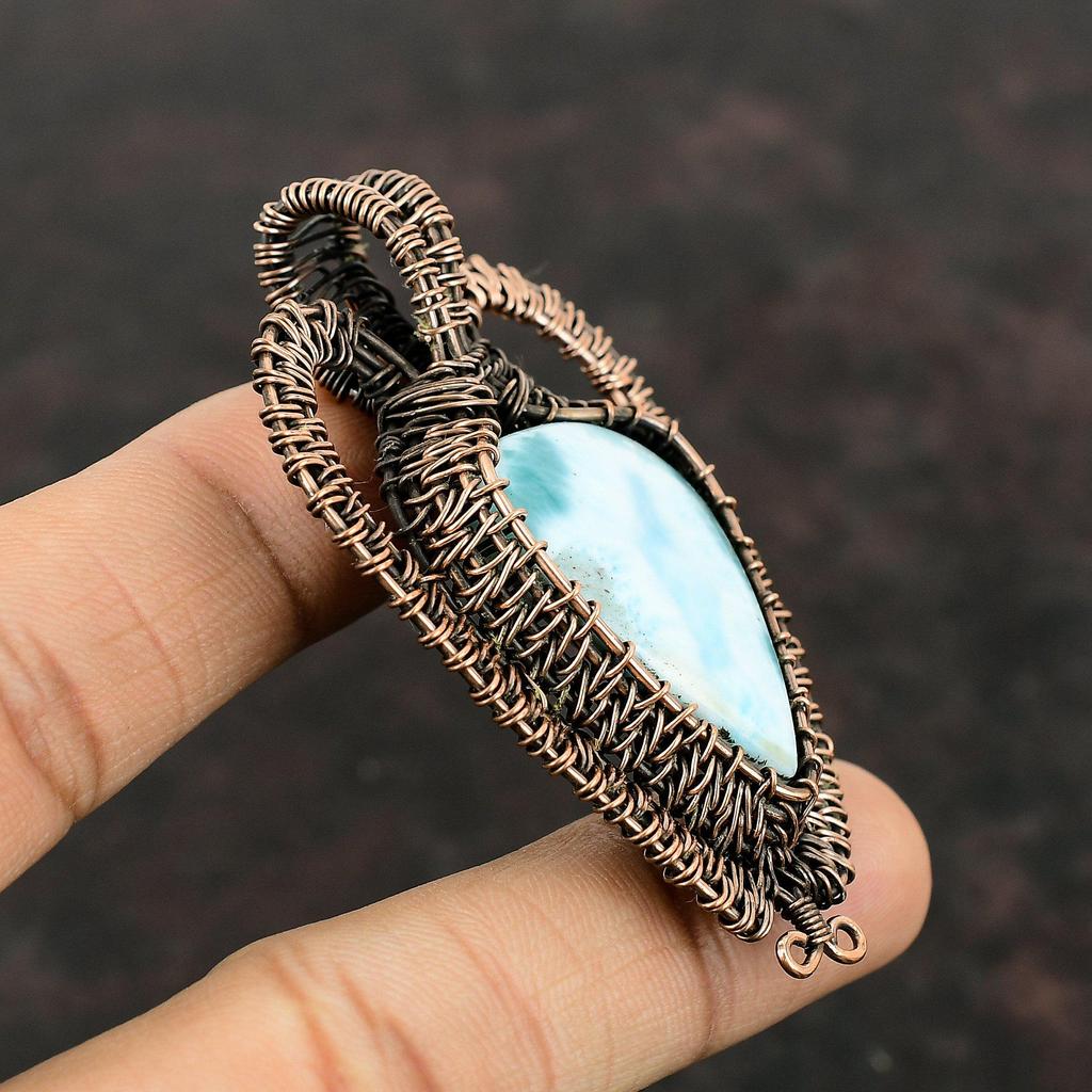 Подвеска из ларимара, кулон из медной проволоки, кулон с драгоценным камнем, ювелирные изделия из медной проволоки, кулон ручной работы, натуральный ларимар, ювелирные изделия, подарок для него