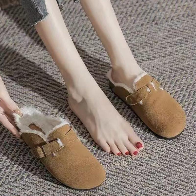 Женская обувь 2024 года, высококачественные зимние женские тапочки с круглым носком, сплошная пряжка из флока, плюшевые удобные плоские ретро-тапочки