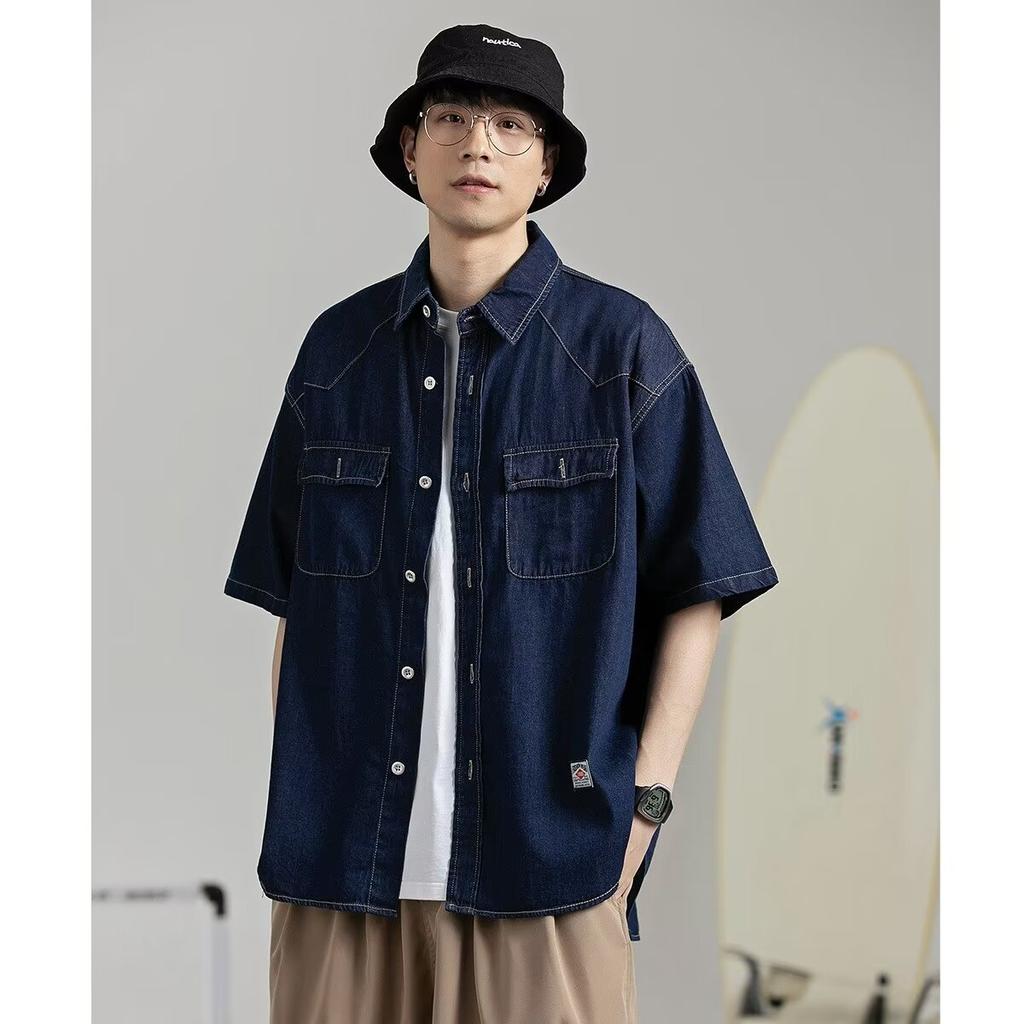 Японский ретро модный бренд летняя свободная джинсовая рубашка с короткими рукавами художественная молодежная рабочая рубашка мужская и женская многослойная куртка