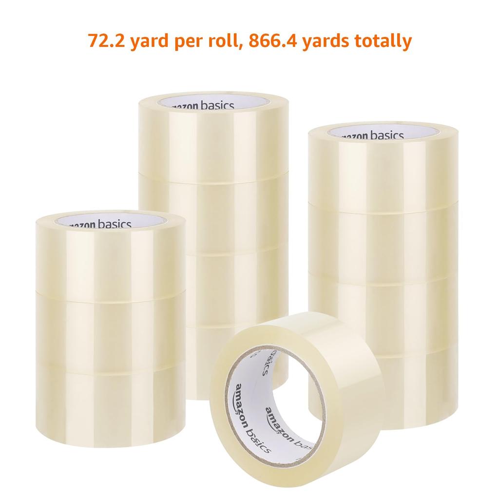 AmazonBasics Packing Tape, Perfect for Packaging, Shipping, Moving, and Storage, Clear, 48mm x 66m, 0.046mm Thick (12 Rolls)