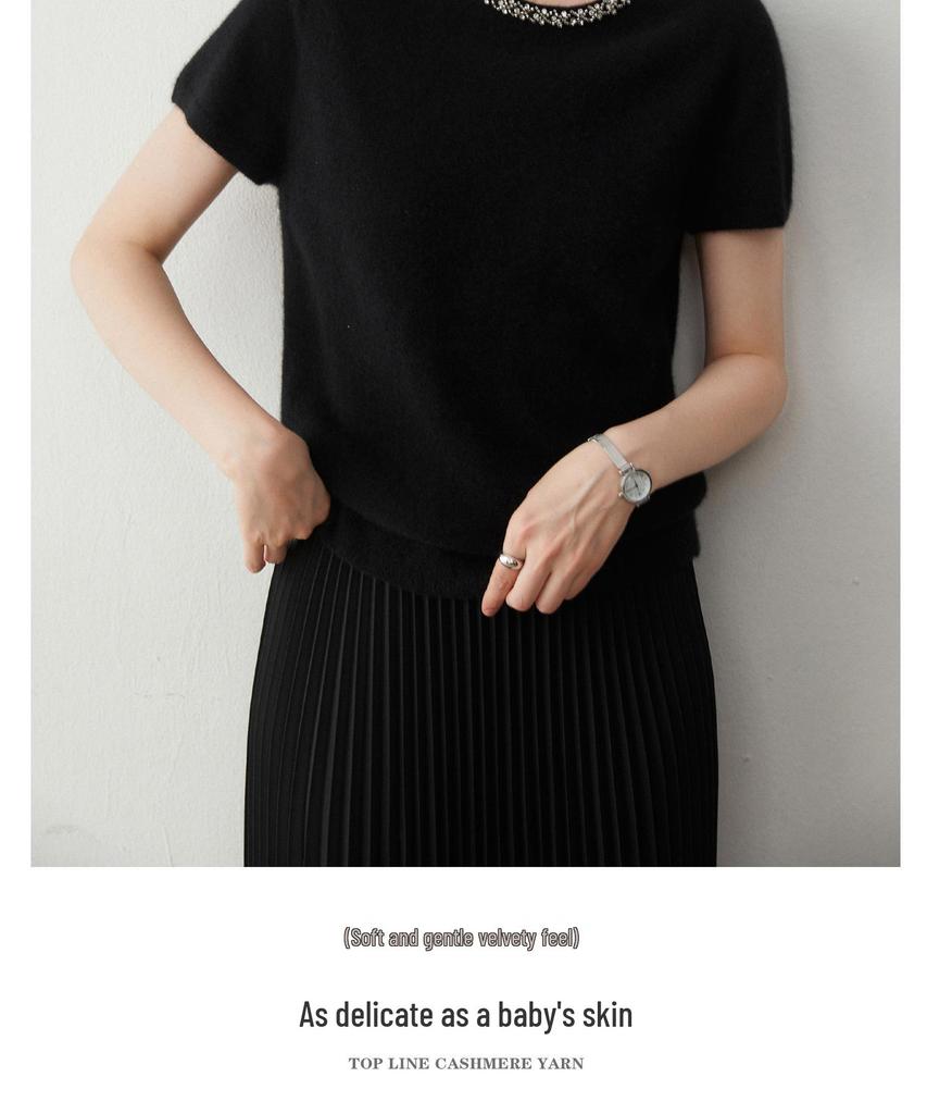 Women's Rhinestone Cashmere Sweater - Short-Sleeved, Skin-Friendly Knit, Round Neck, Perfect for Autumn/Winter.