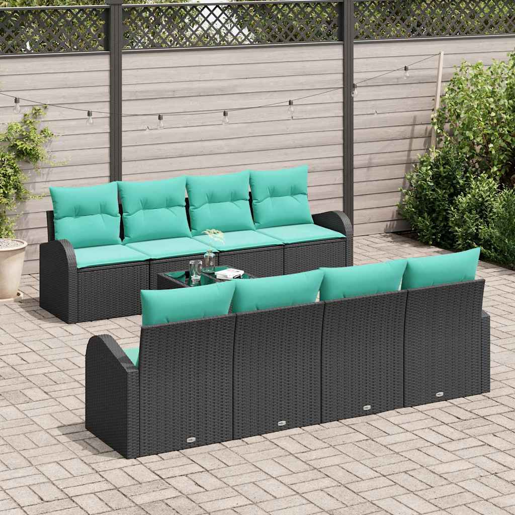 Sofa Set with Cushions 9 pcs Black and Turquoise Poly Rattan