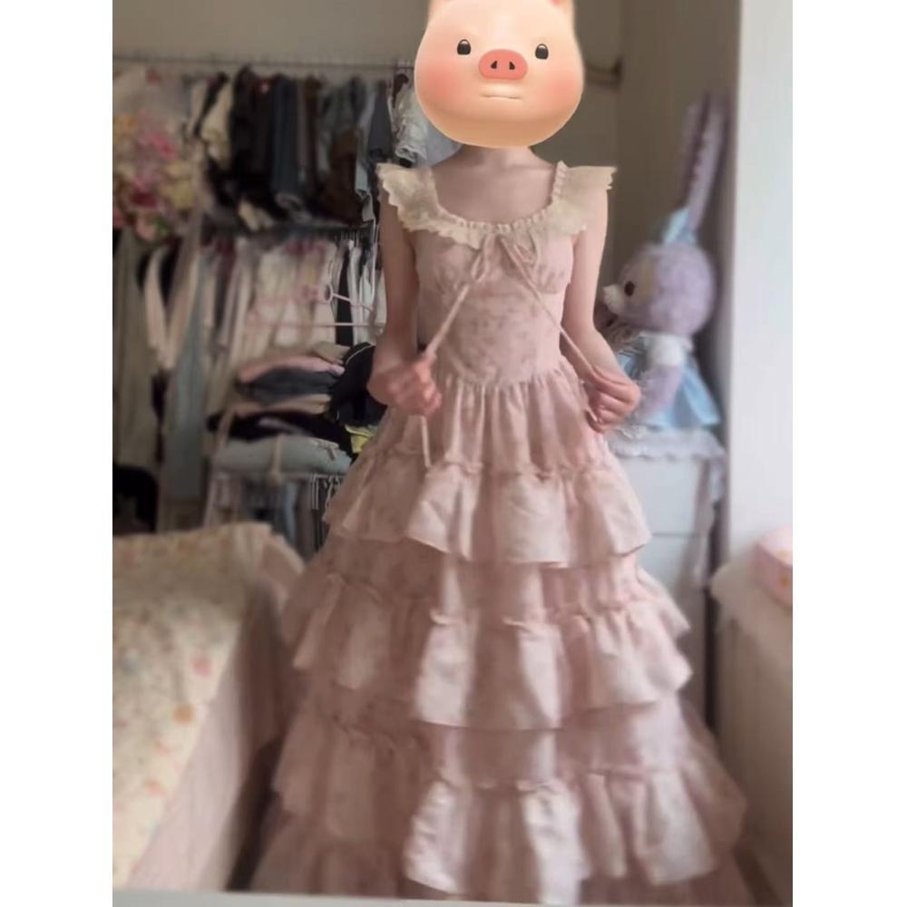 Колледжский синий цветочный пышное платье женское летнее дофаминовое милое вышивка на бретелях платье-торт с талией