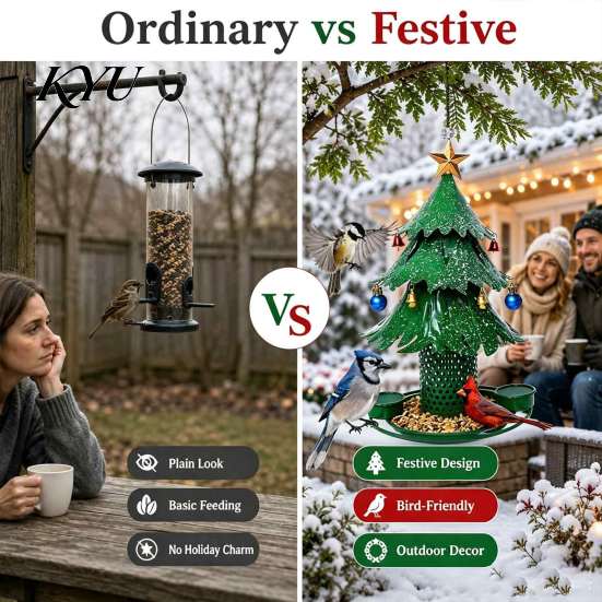Artisan Handcrafted Bird Feeder Christmas Tree for Outdoor, Metal Hanging Wild with 2 Easy Fill Station Water Cups, Green Xmas Seeds Tray Garden Patio