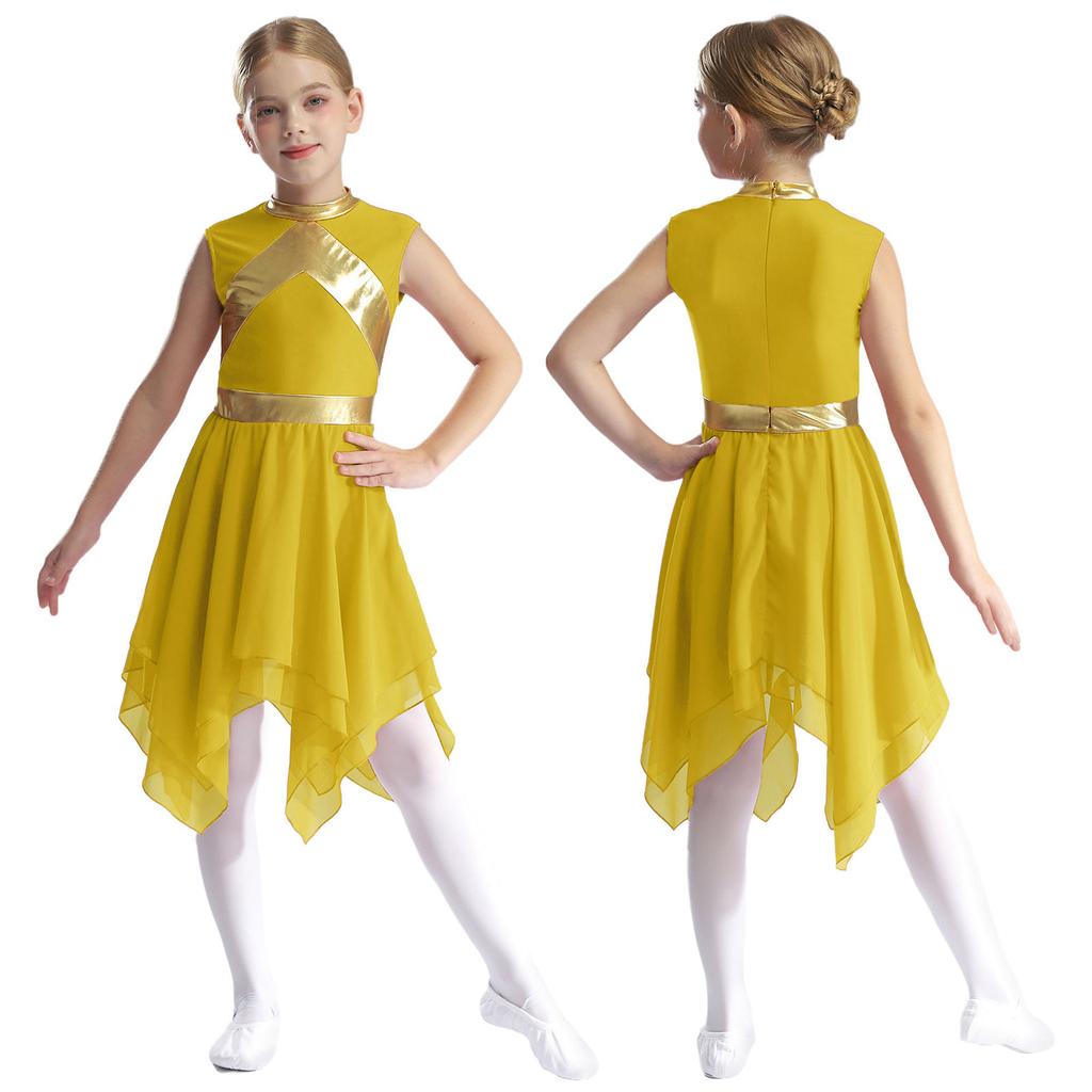 Детское платье для хвалы, металлический контрастный цвет, пэчворк, без рукавов, асимметричный подол, литургический костюм